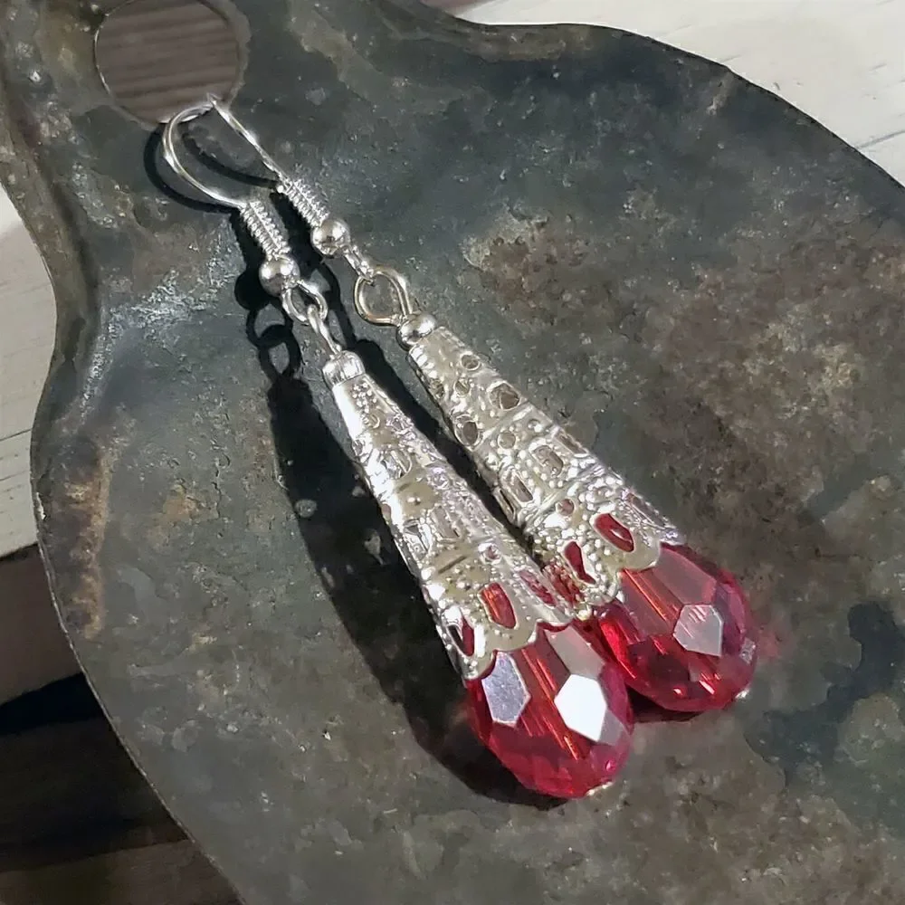 Hand Crafted Caged Filigree Faceted Red Crystal Silver Teardrop Earrings